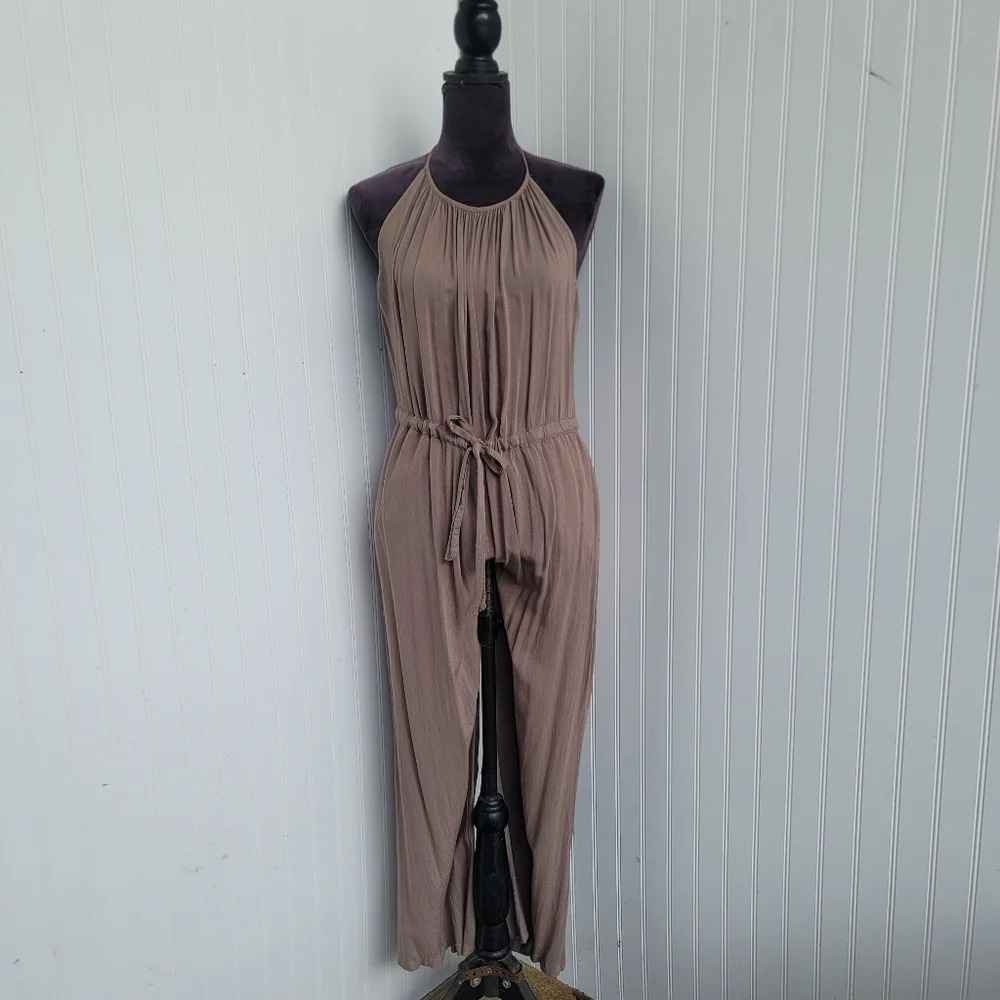 Angl Brown Beige Romper Halter Tie Neck Tie Waist Wide Legs Rayon Sz M